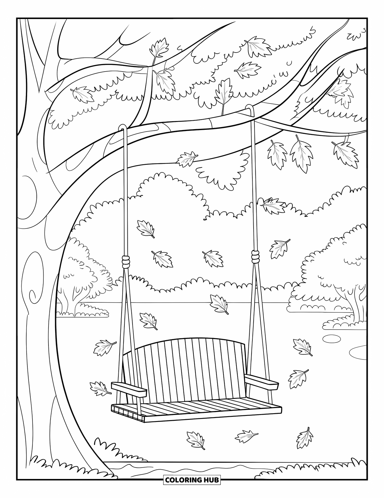Fall Tree Coloring Page for Kids: Tree with a wooden swing swaying among colorful fallen leaves