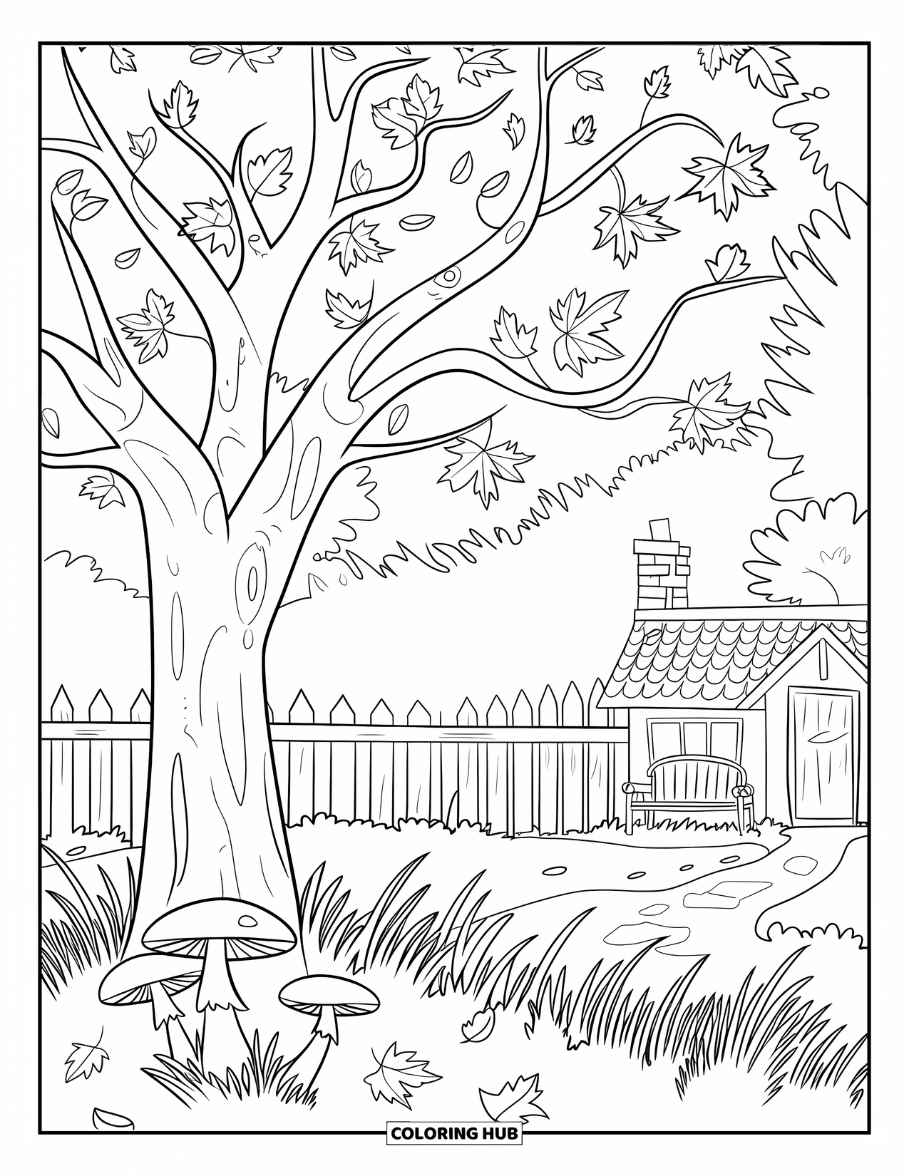 Fall Tree Coloring Page for Kids: Tree with mushrooms, grass, and a house with chimney