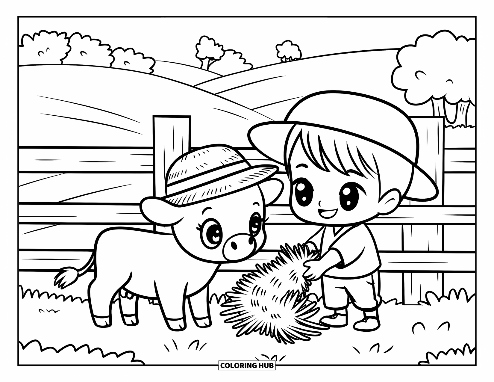 Farmer Coloring Page for Adults: A baby cow in a straw hat being fed hay by a farmer boy