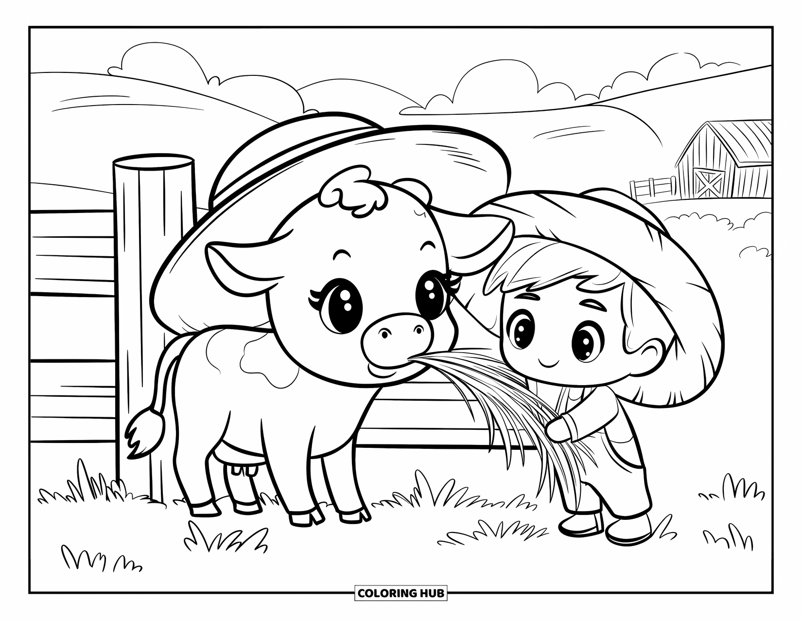 Farmer Coloring Page for Adults: A baby cow in a straw hat fed hay by a chibi farmer