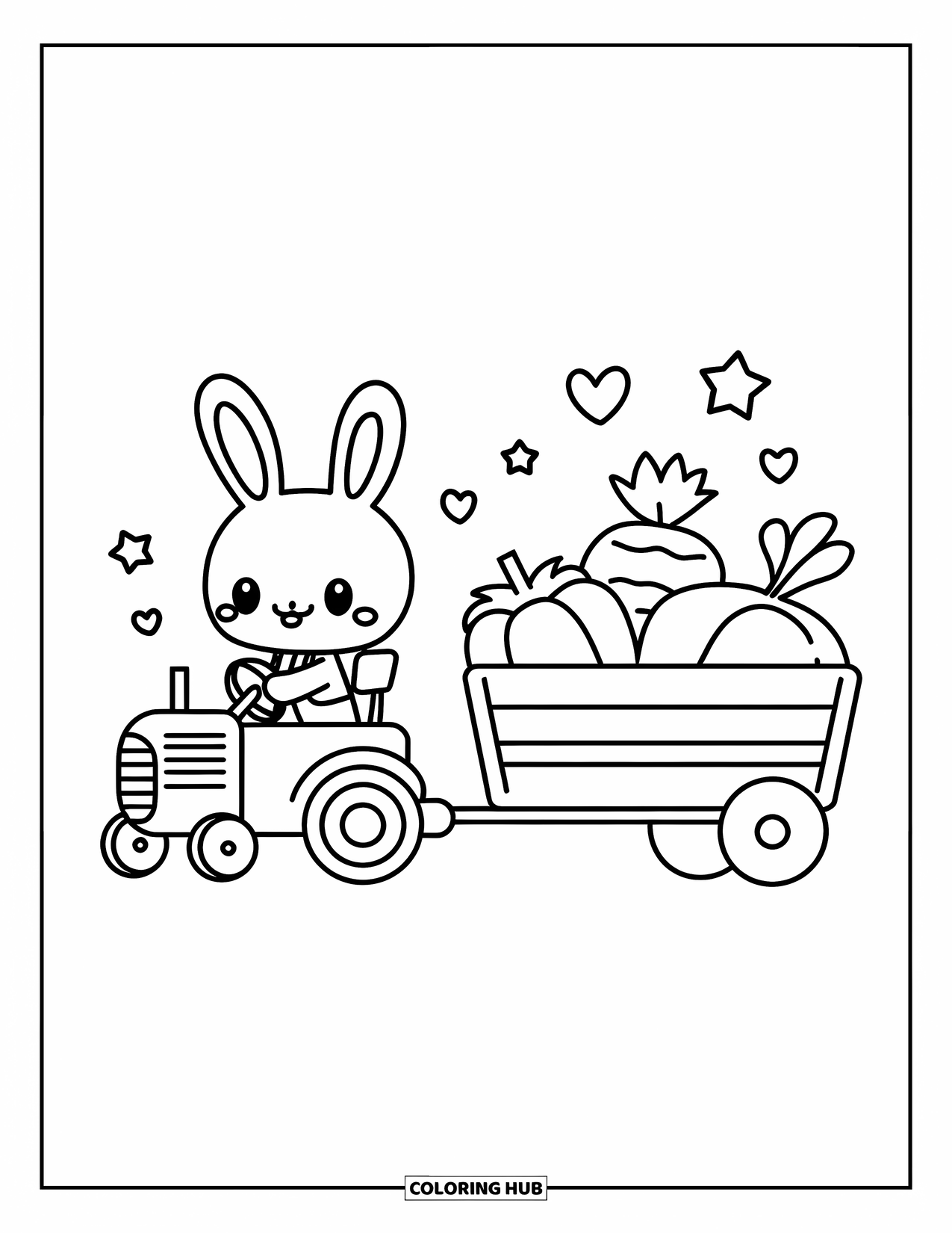 Farmer Coloring Page for Adults: A bunny driving a mini tractor pulling a cart of vegetables
