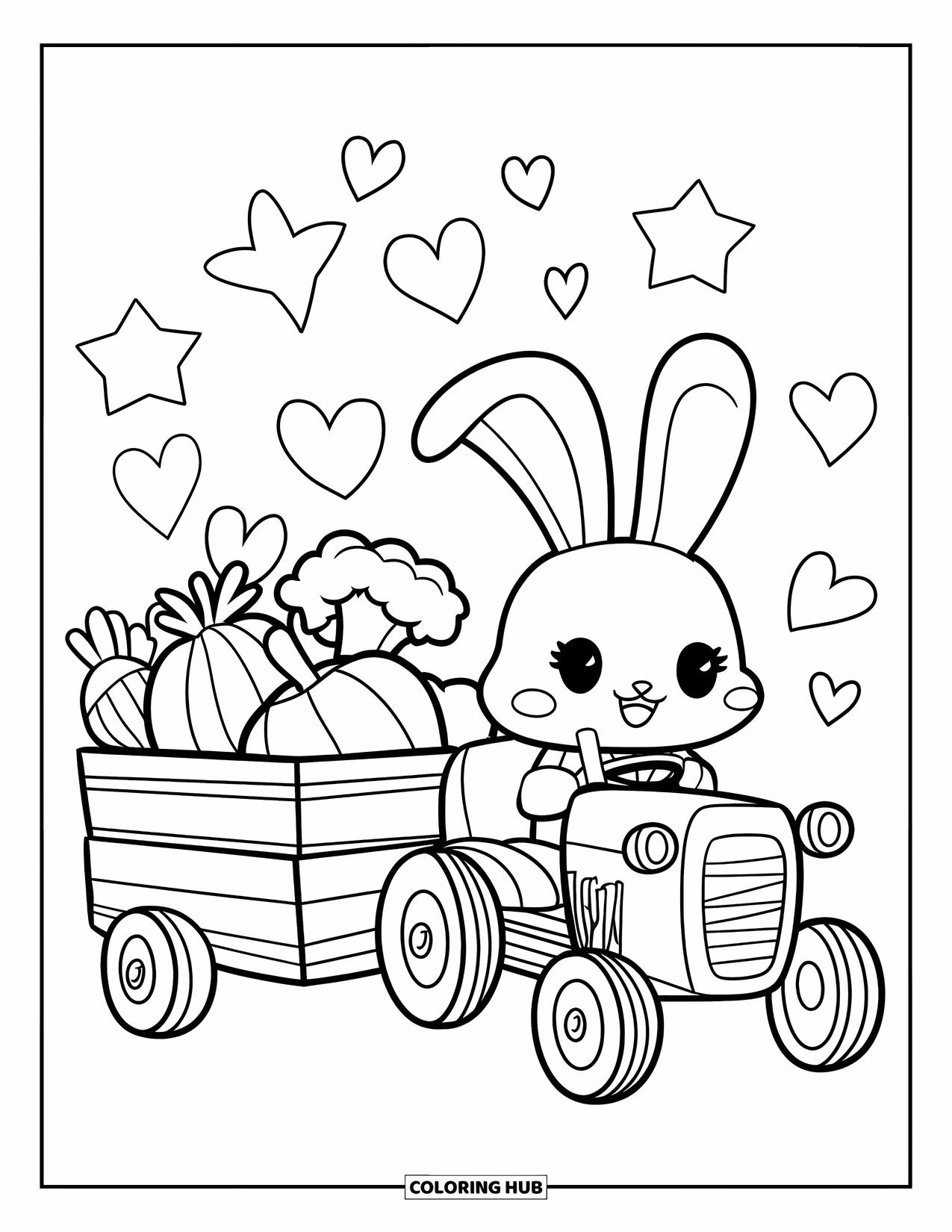 Farmer Coloring Page for Adults: A bunny on a mini tractor pulling giant vegetables with stars around