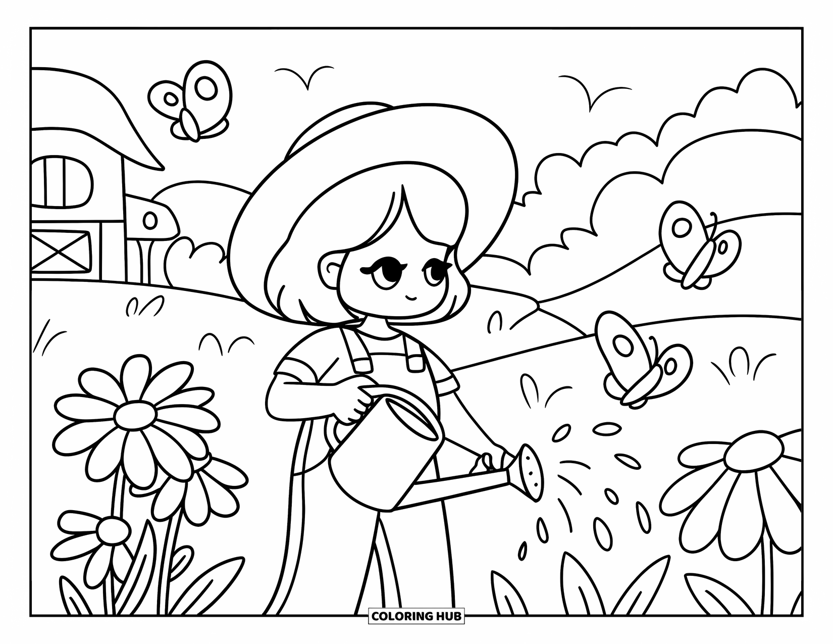 Farmer Coloring Page for Adults: A chibi farmer girl watering daisies with butterflies near a barn