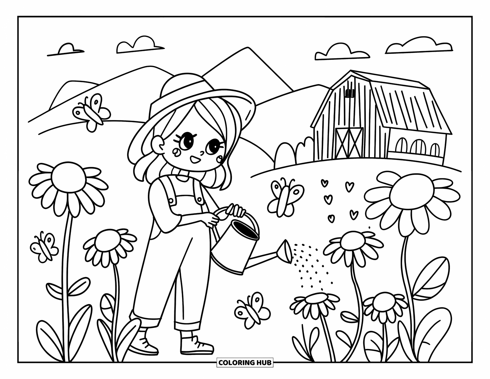 Farmer Coloring Page for Adults: A chibi farmer girl watering oversized daisies with butterflies and a barn behind