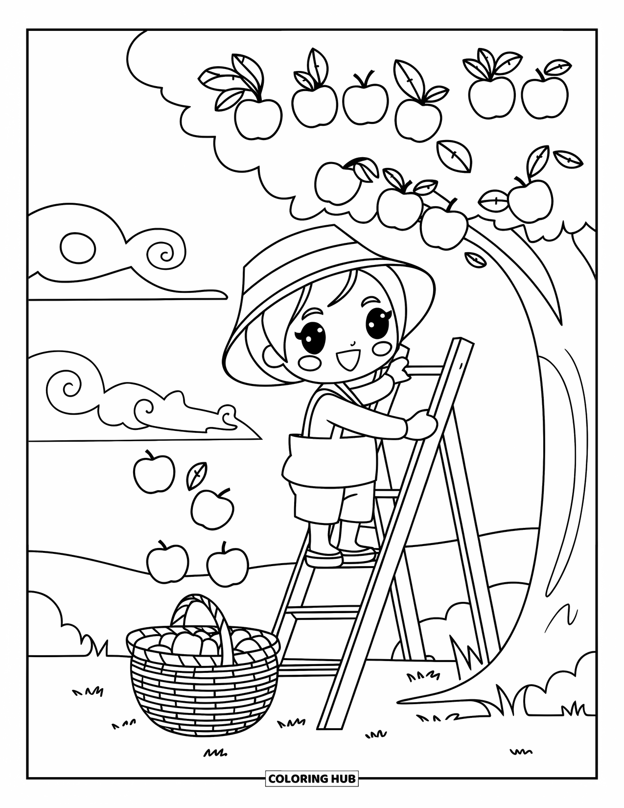 Farmer Coloring Page for Adults: A chibi farmer picking apples from a tree with a basket below