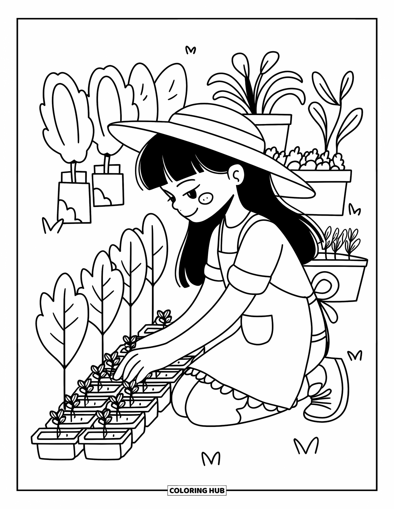 Farmer Coloring Page for Adults: A farmer girl planting seedlings in pots with a basket nearby