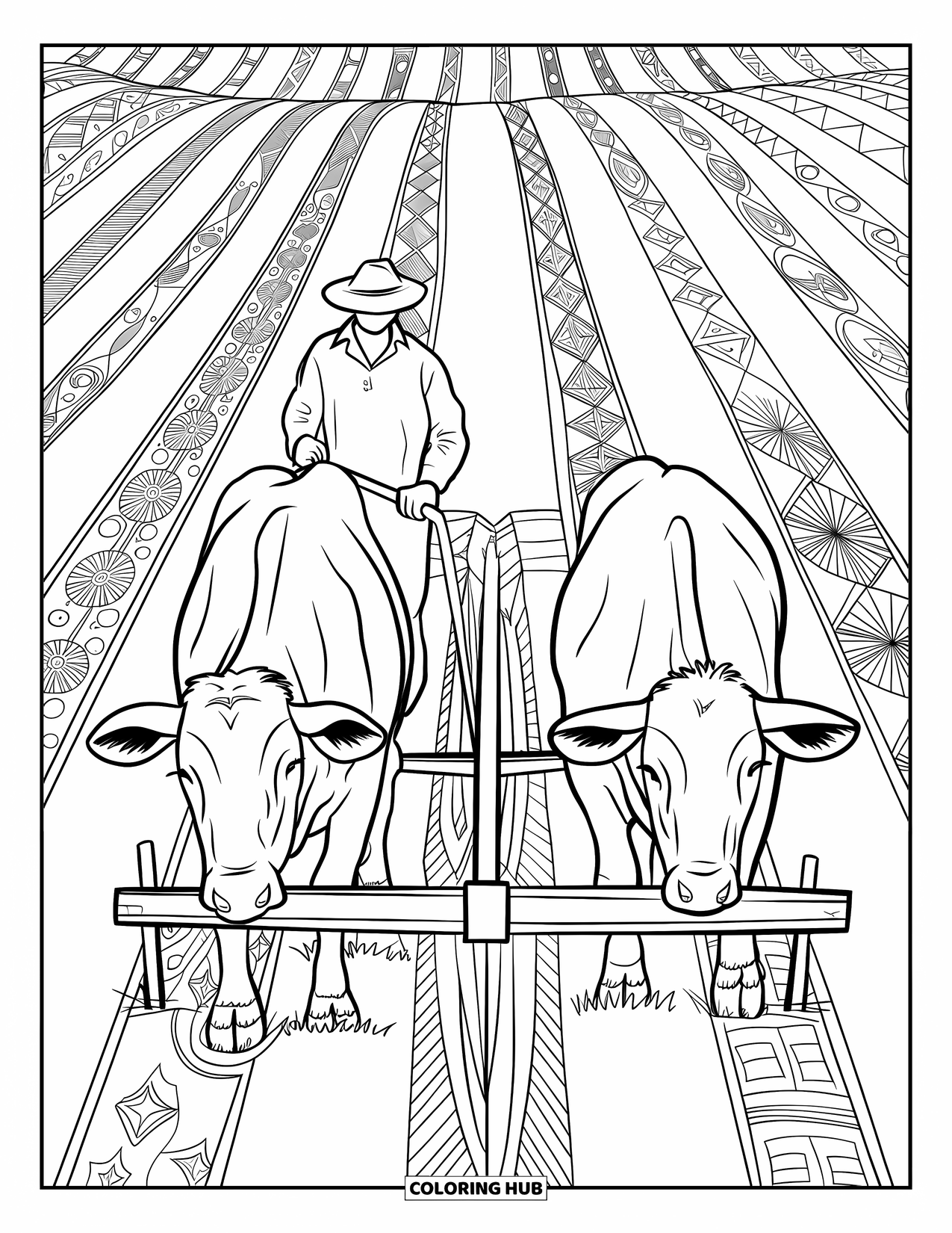Farmer Coloring Page for Adults: A farmer leading oxen pulling a wooden plow through fields