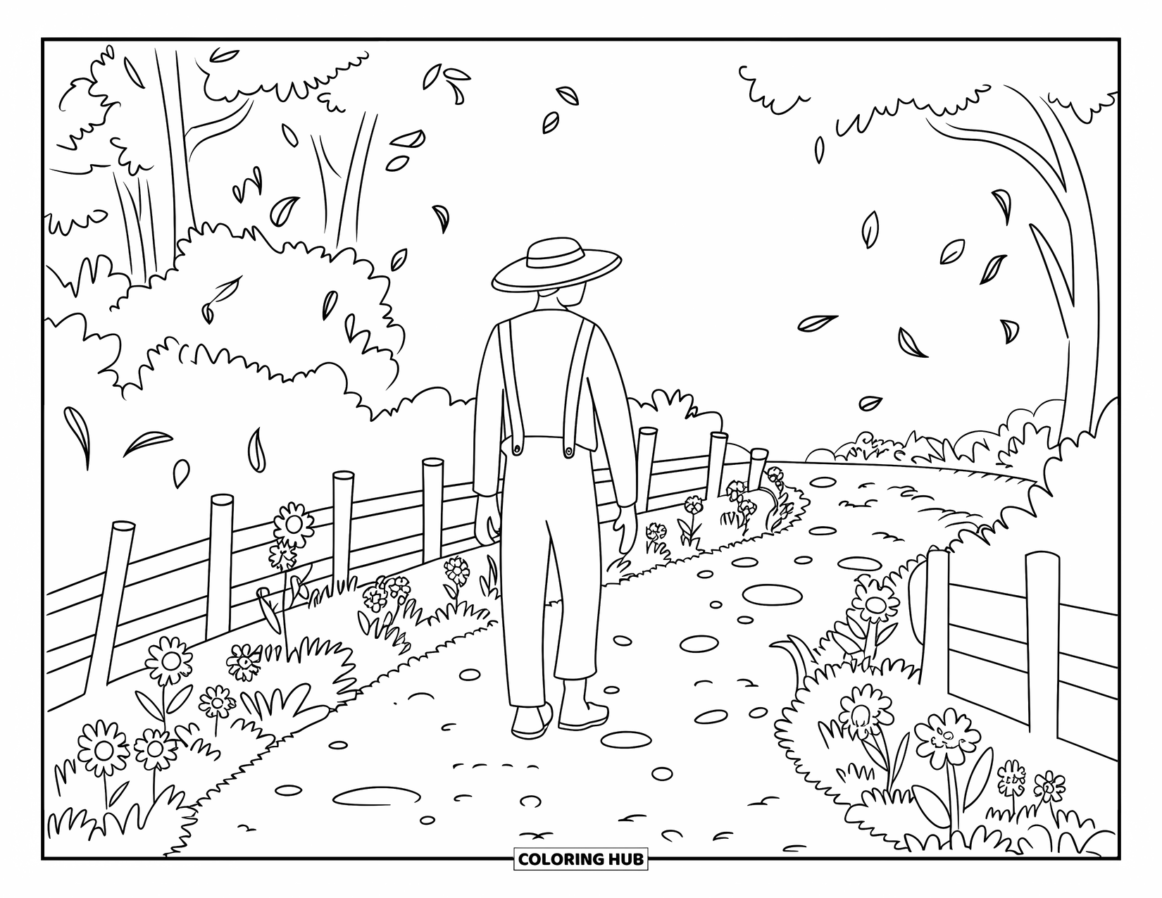 Farmer Coloring Page for Adults: A farmer walking along a dirt path with wildflowers and fences