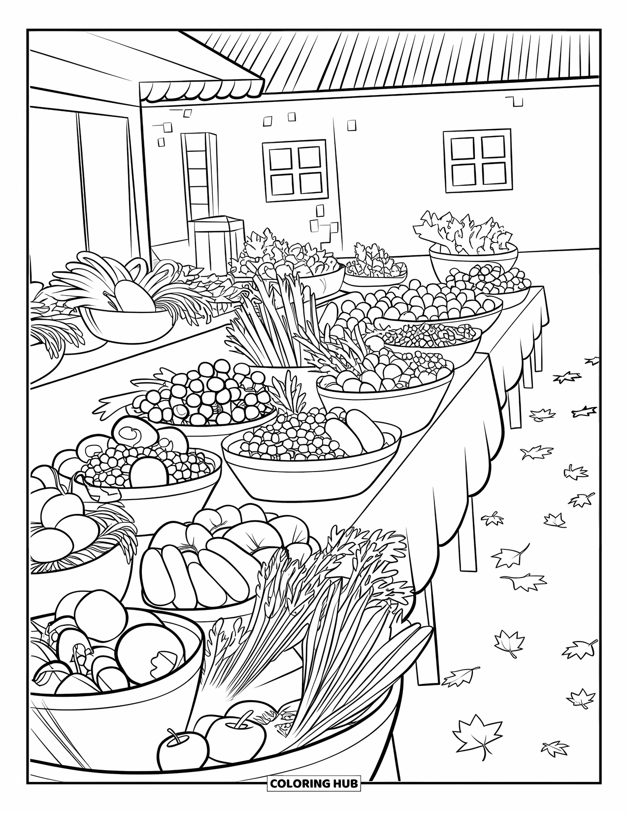 Farmer Coloring Page for Adults: A farmer's market with produce baskets and a building in the background