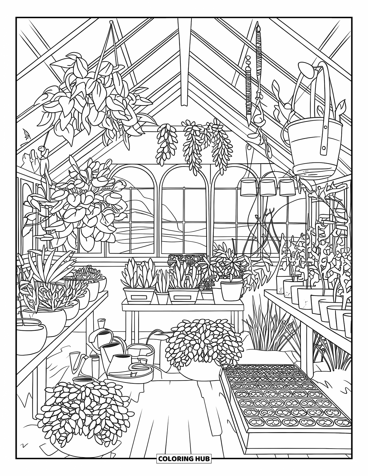 Farmer Coloring Page for Adults: A greenhouse interior with potted plants and gardening tools