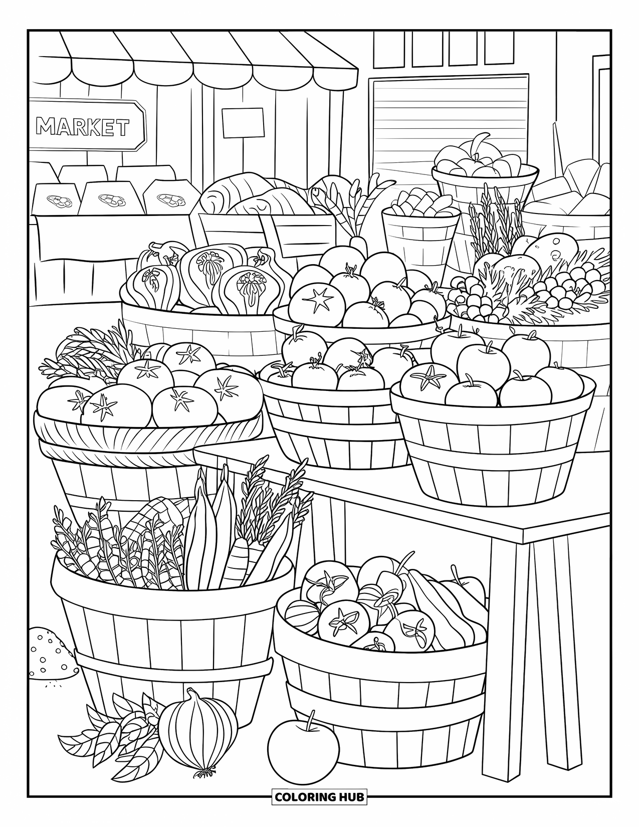 Farmer Coloring Page for Adults: A market with produce stalls, baskets, and herbs like basil and rosemary