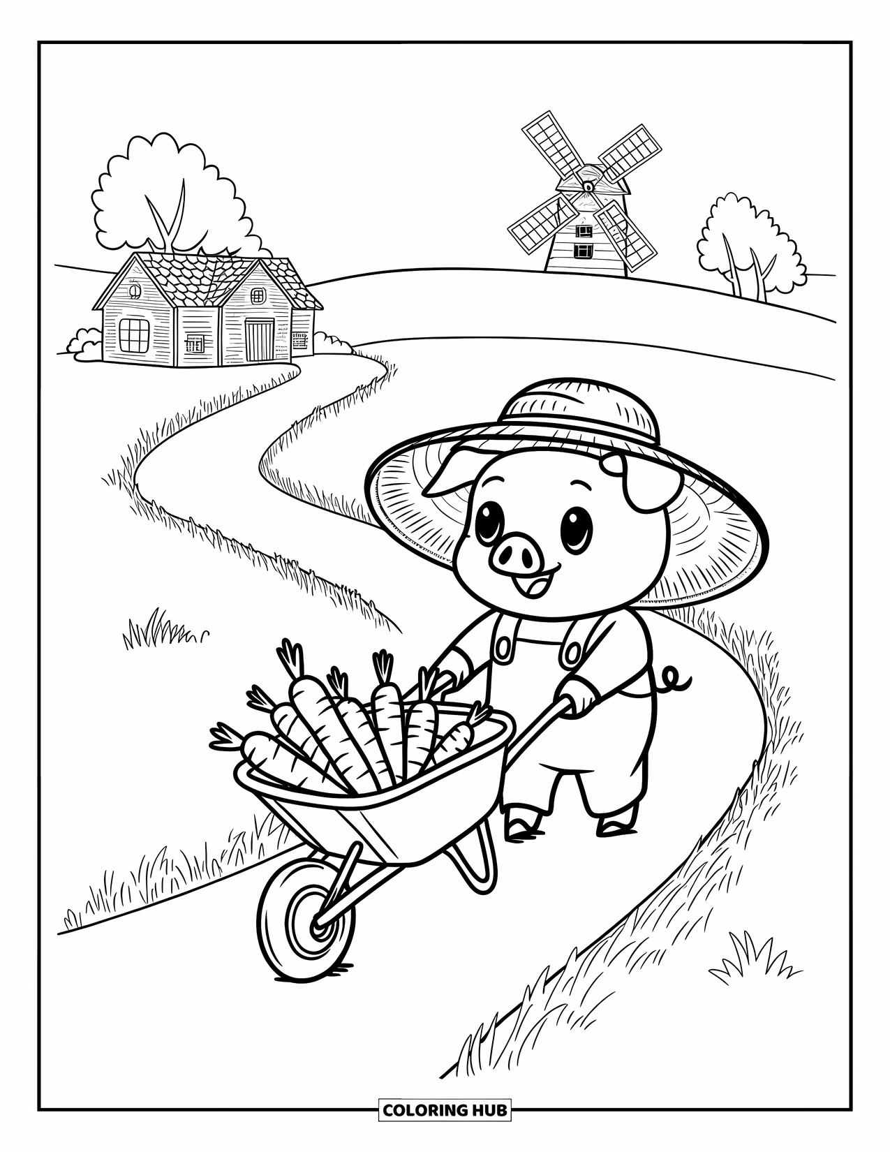 Farmer Coloring Page for Adults: A piglet in a straw hat pushing carrots toward a farmhouse