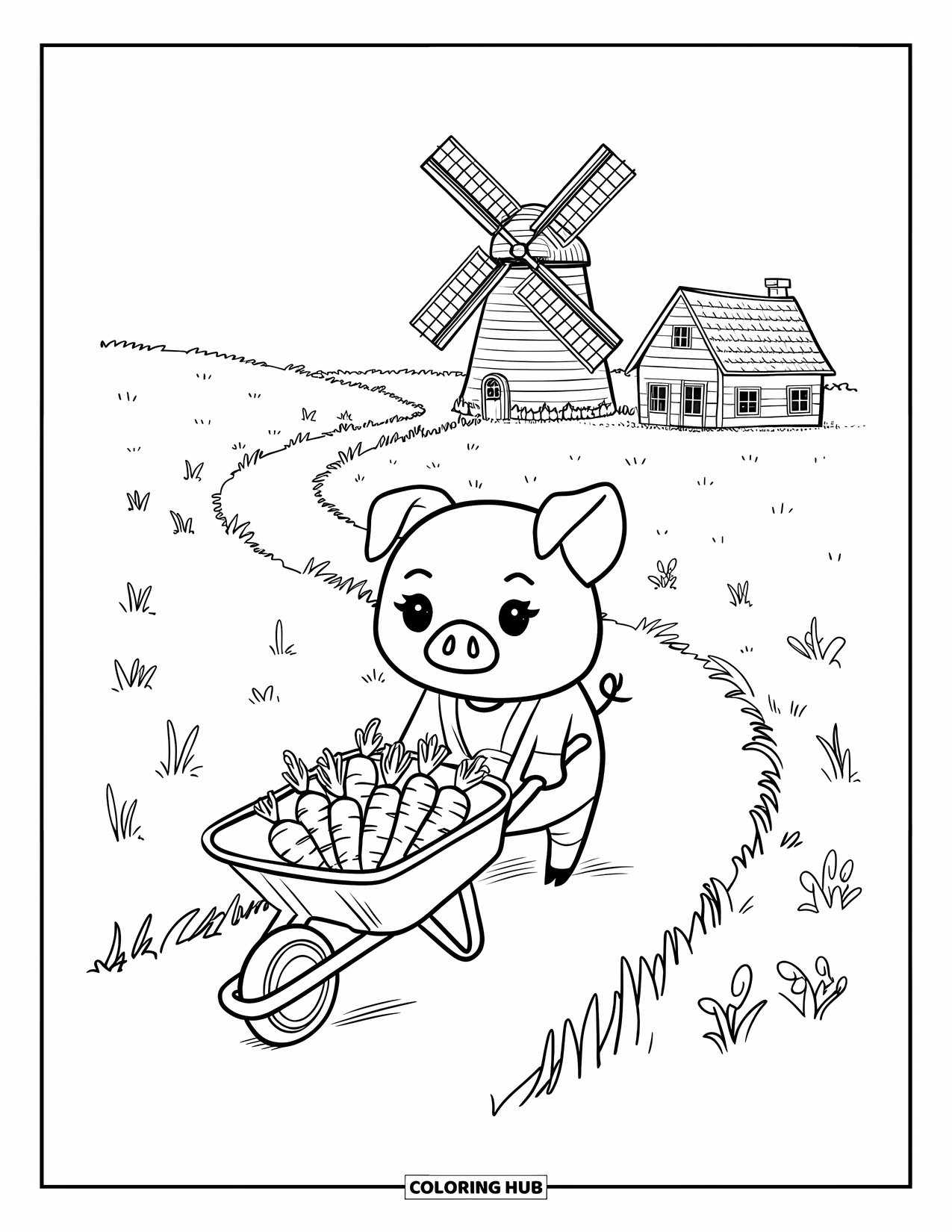 Farmer Coloring Page for Adults: A tiny piglet pushing a wheelbarrow of carrots along a winding path
