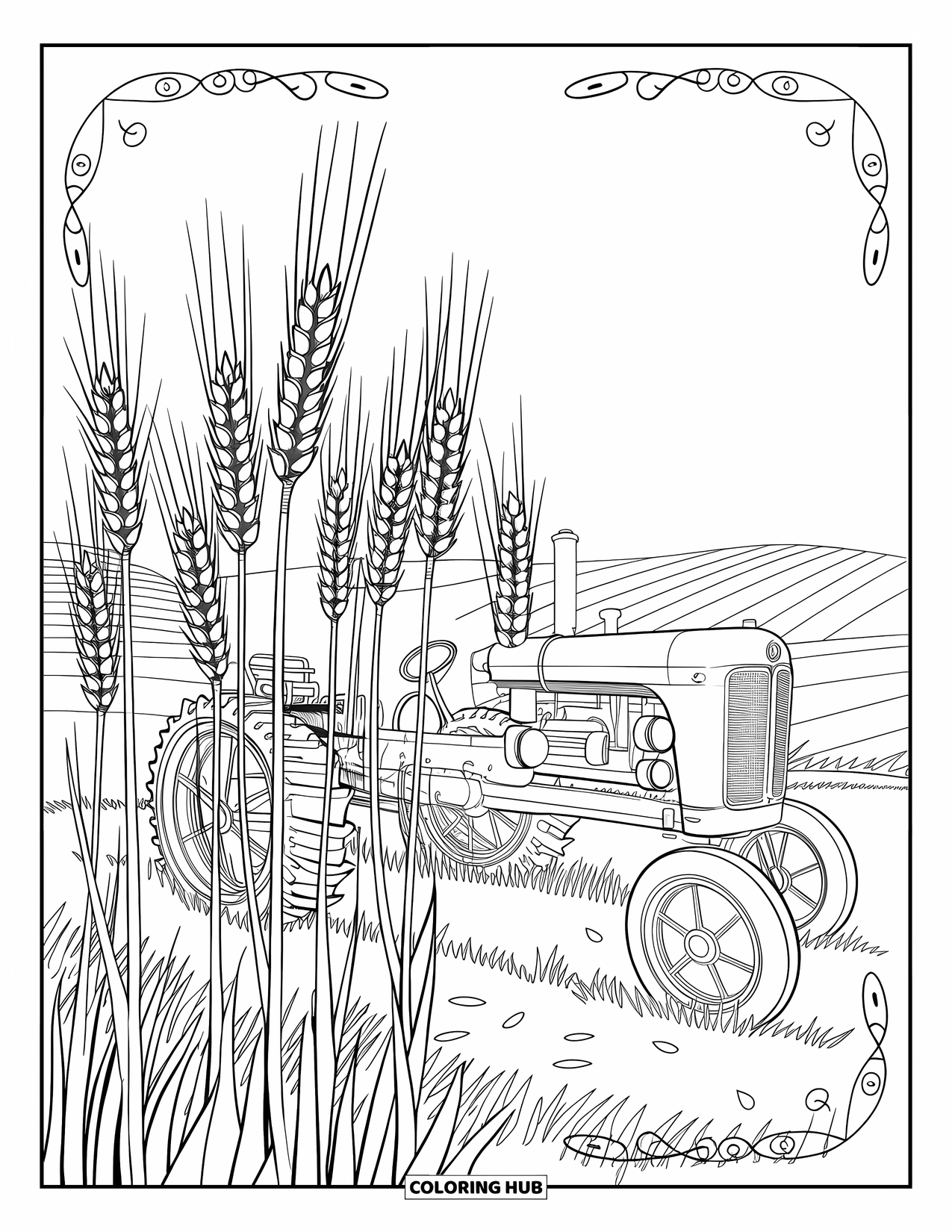 Farmer Coloring Page for Adults: A vintage tractor among wheat fields framed by ornate patterns