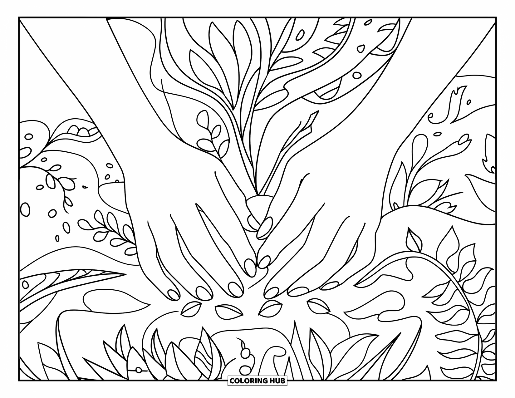 Farmer Coloring Page for Adults: Hands planting seeds surrounded by leafy and floral patterns
