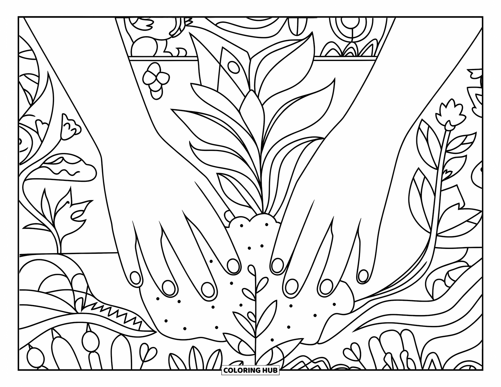 Farmer Coloring Page for Adults: Hands planting seeds with leafy patterns, a rabbit, and a bird