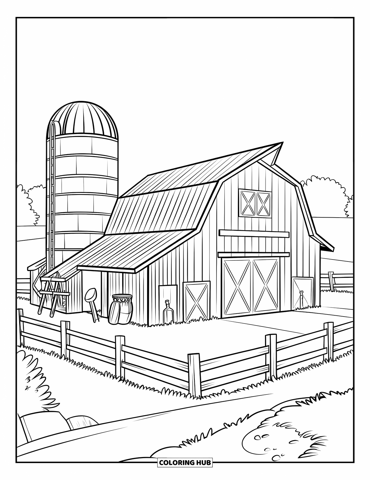 Farmer Coloring Page for Kids: A barn with a silo and tools inside a fenced area