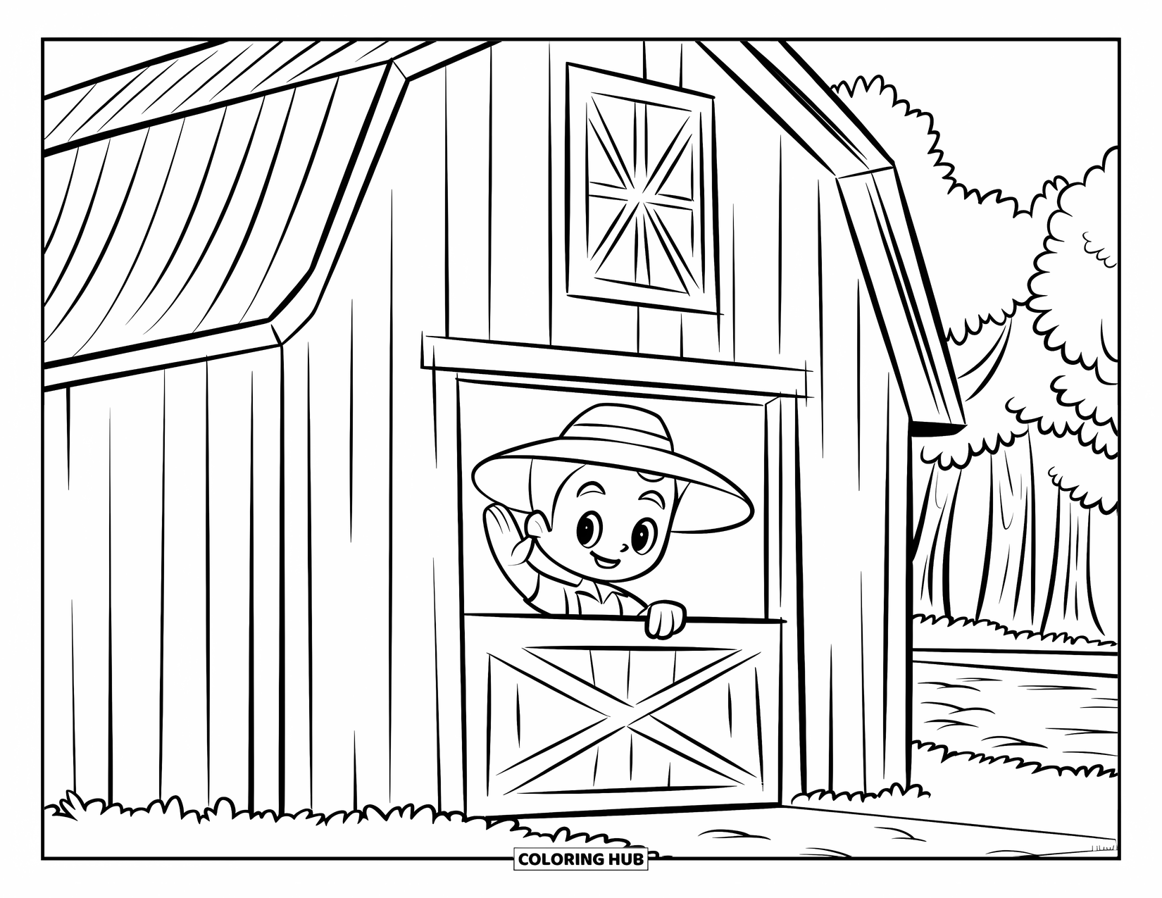 Farmer Coloring Page for Kids: A barn with a waving farmer in the doorway