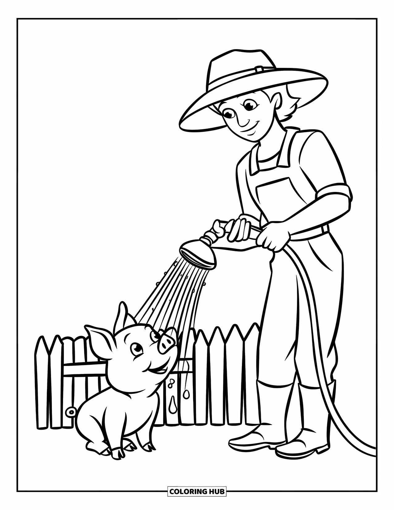 Farmer Coloring Page for Kids: A cheerful pig near a fence being washed by a farmer