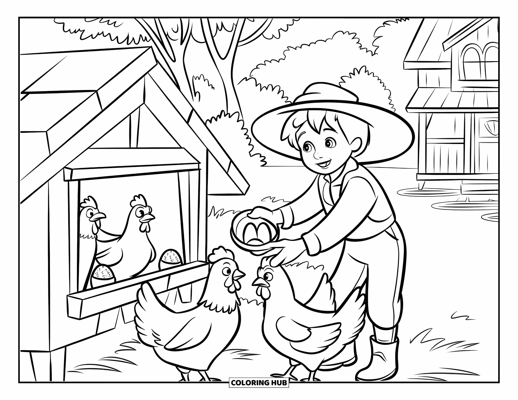 Farmer Coloring Page for Kids: A farmer boy feeding chickens in an open coop