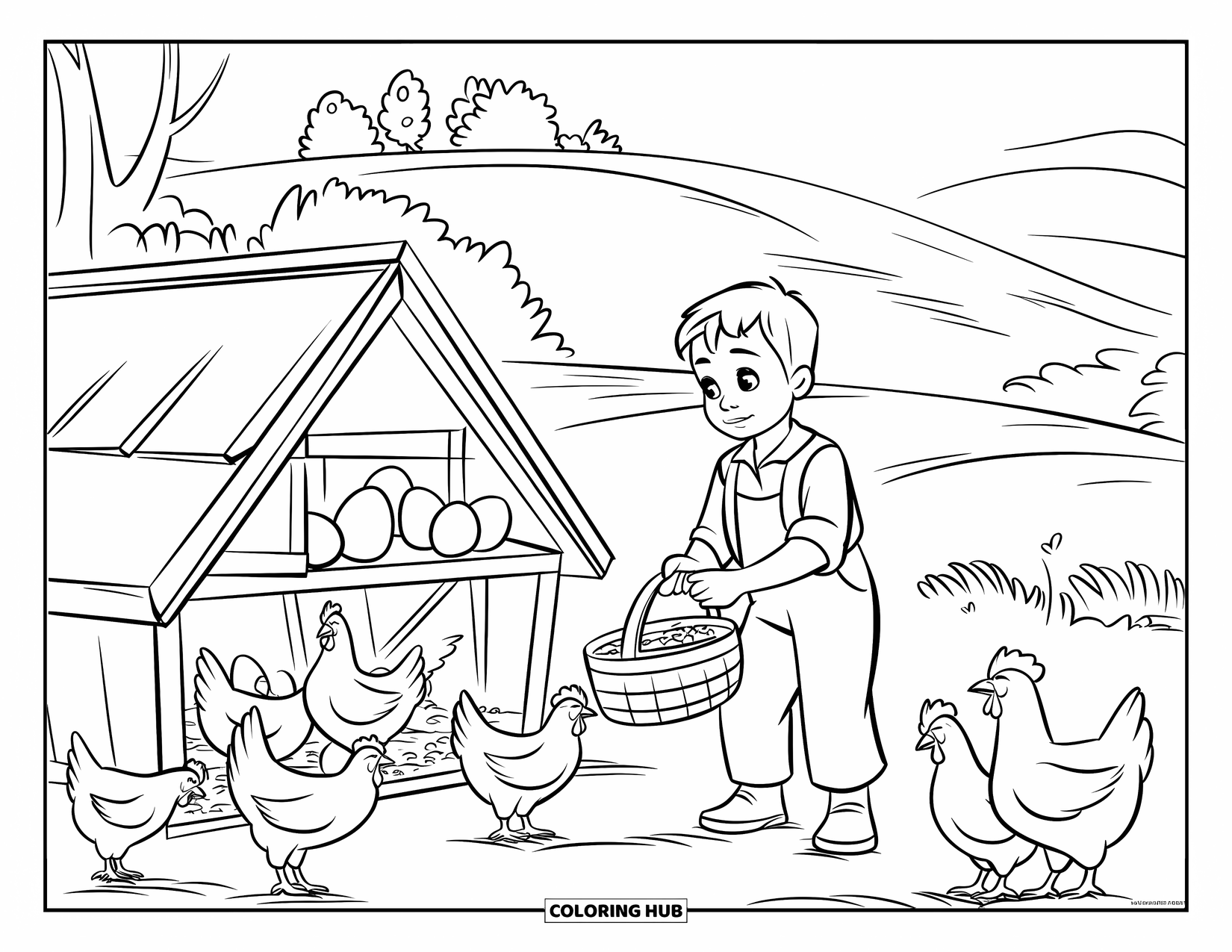 Farmer Coloring Page for Kids: A farmer boy feeding chickens while holding a basket of food
