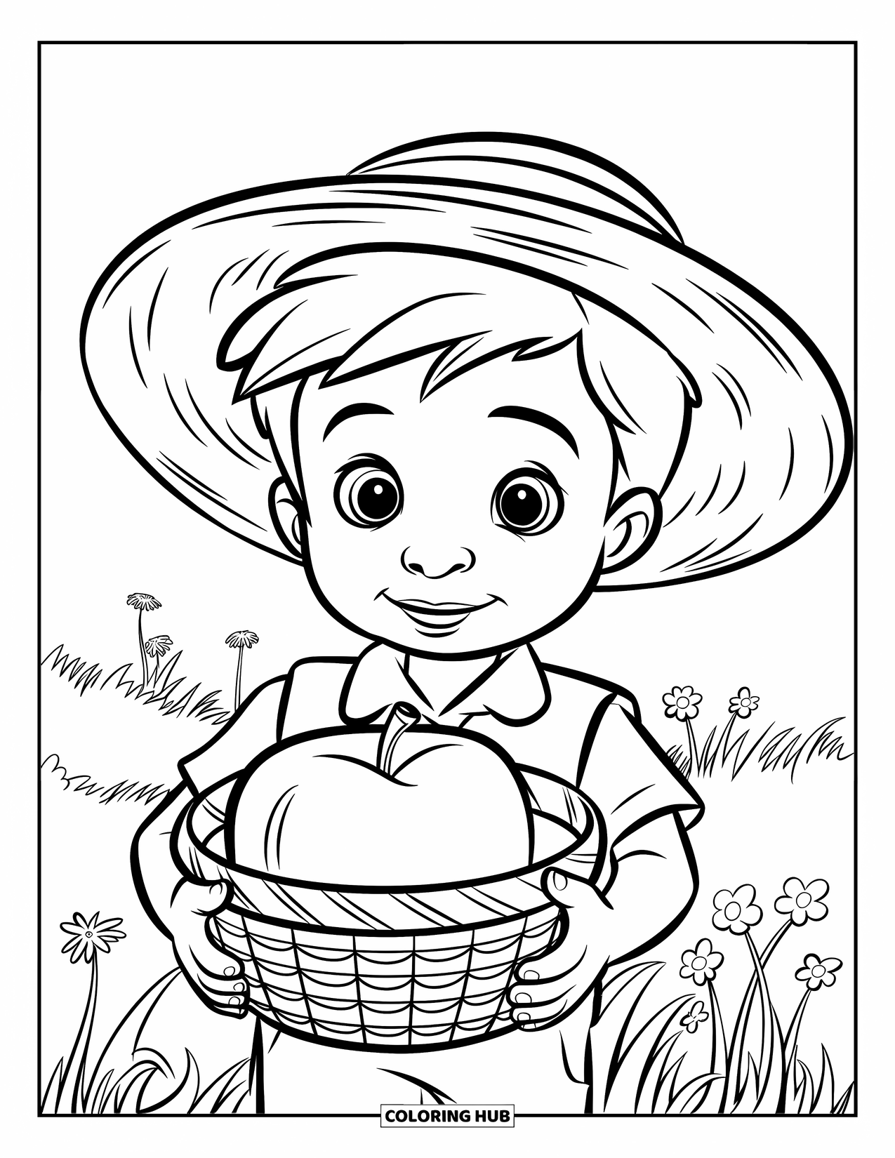 Farmer Coloring Page for Kids: A farmer boy holding a basket with a big apple