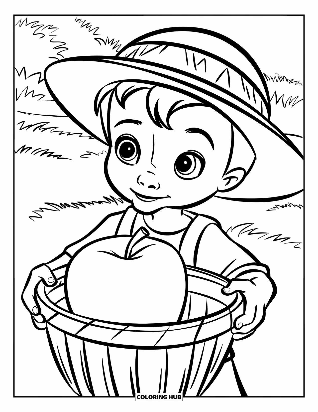 Farmer Coloring Page for Kids: A farmer boy holding a basket with an apple in a field