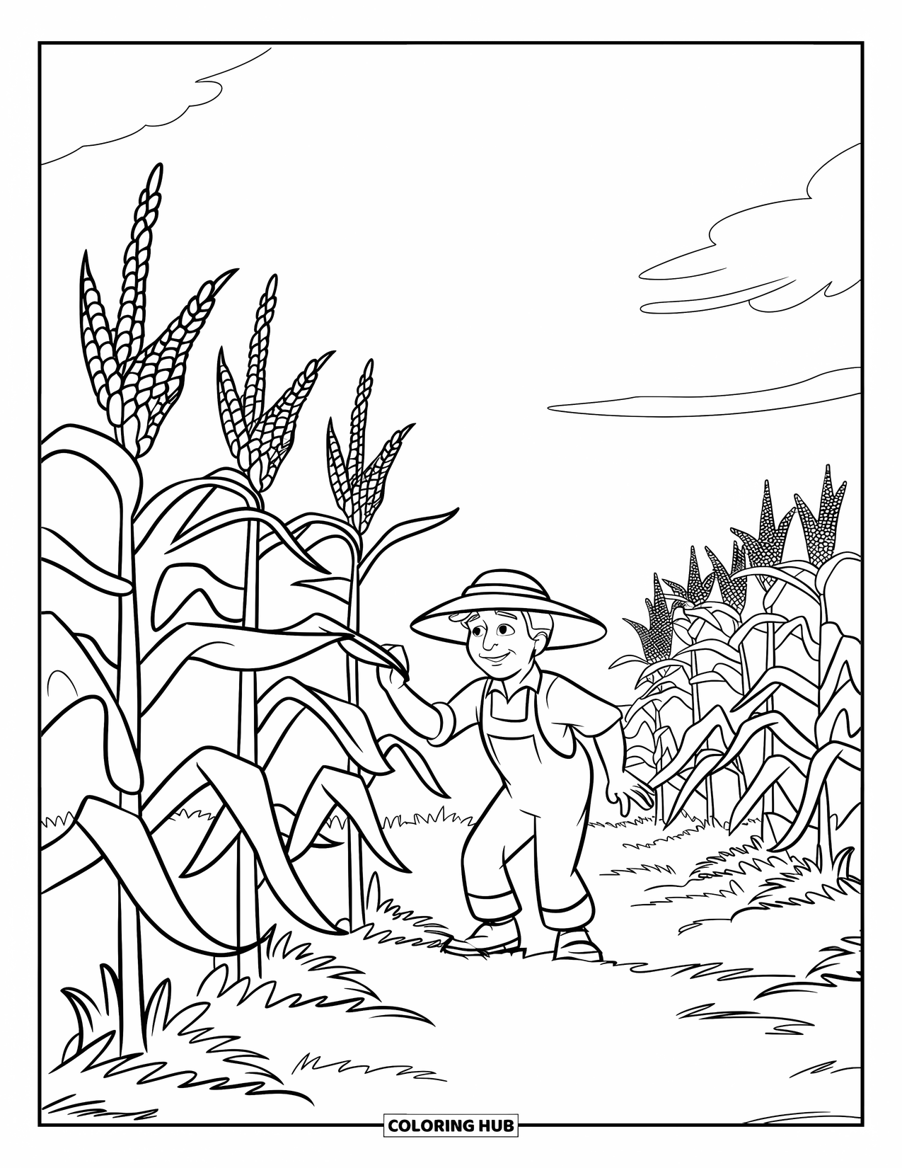 Farmer Coloring Page for Kids: A farmer examining tall corn stalks with ears of corn