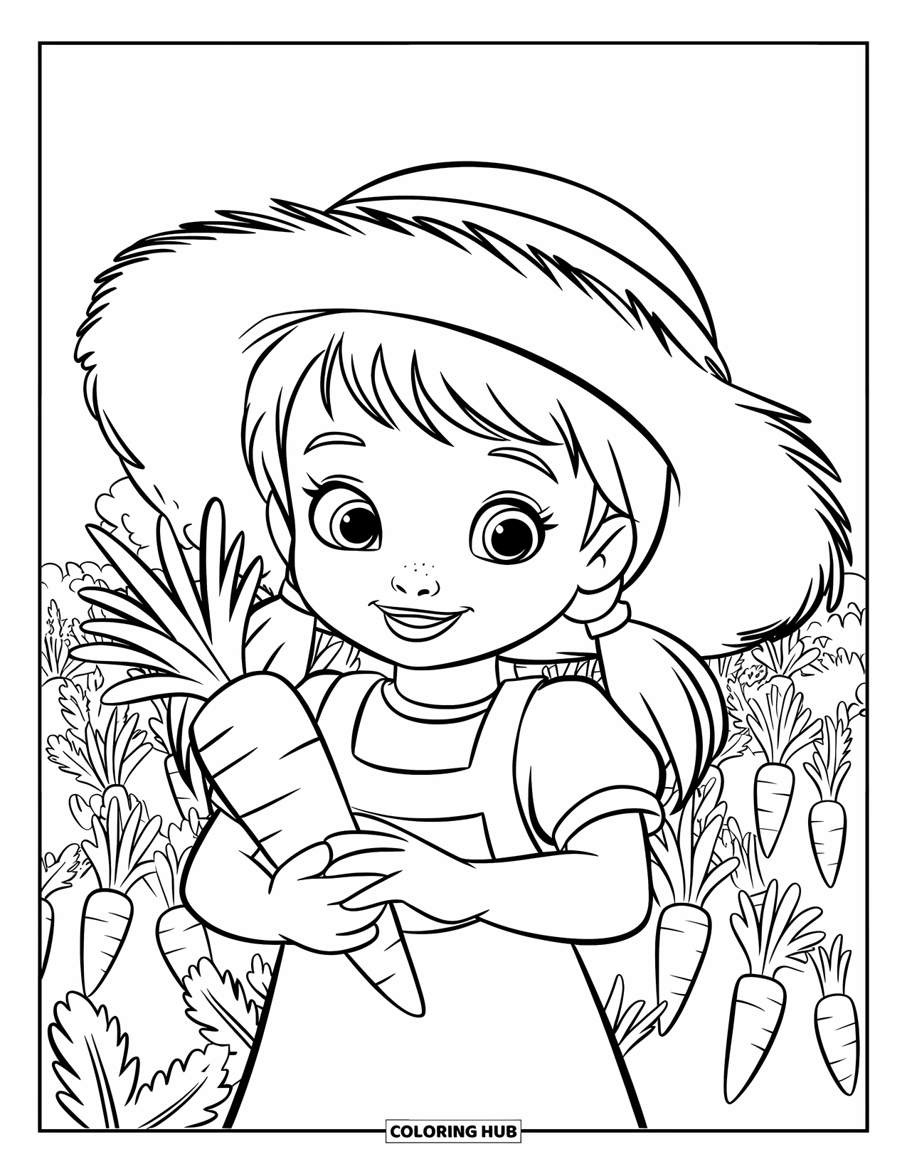 Farmer Coloring Page for Kids: A farmer girl with pigtails holding a carrot in a field