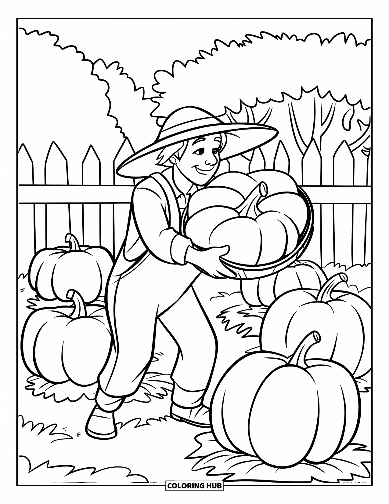 Farmer Coloring Page for Kids: A farmer harvesting pumpkins from a small patch near a fence