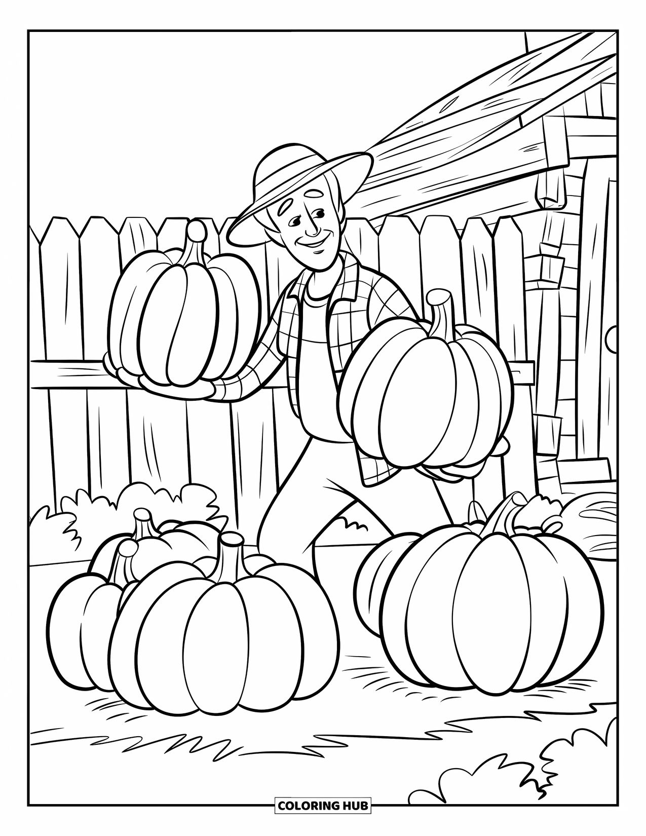 Farmer Coloring Page for Kids: A farmer holding pumpkins beside a fence and rustic shed