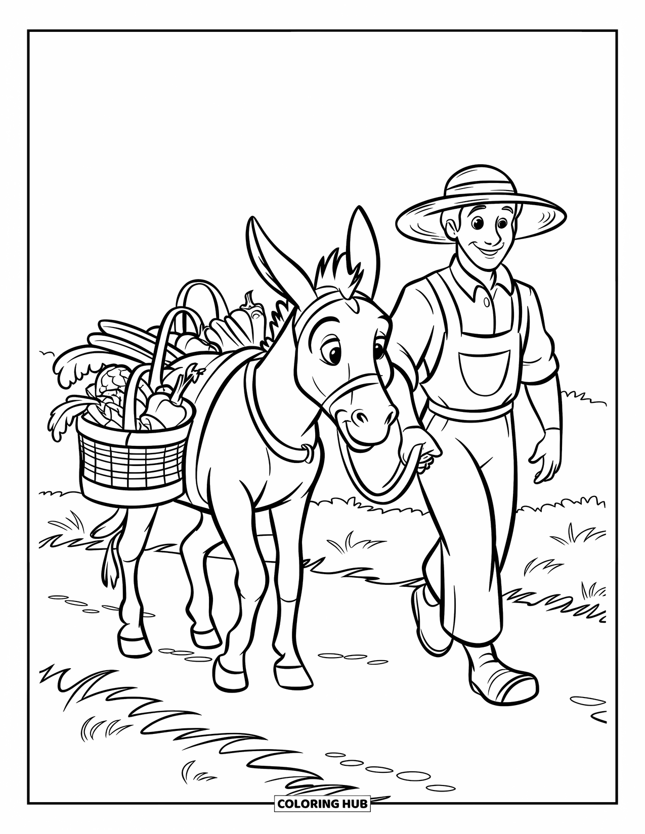 Farmer Coloring Page for Kids: A farmer in overalls leading a donkey with vegetable baskets
