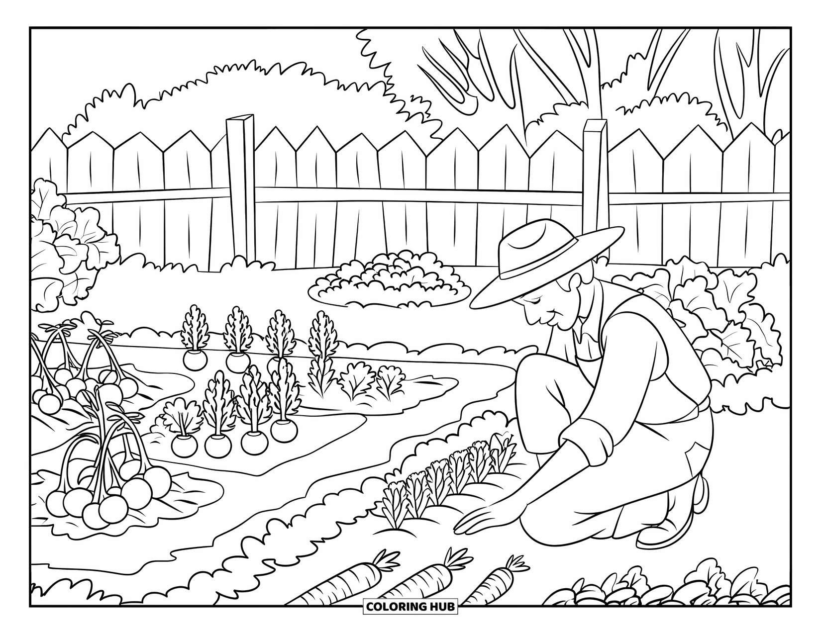 Farmer Coloring Page for Kids: A farmer planting seedlings in a garden with a rustic fence