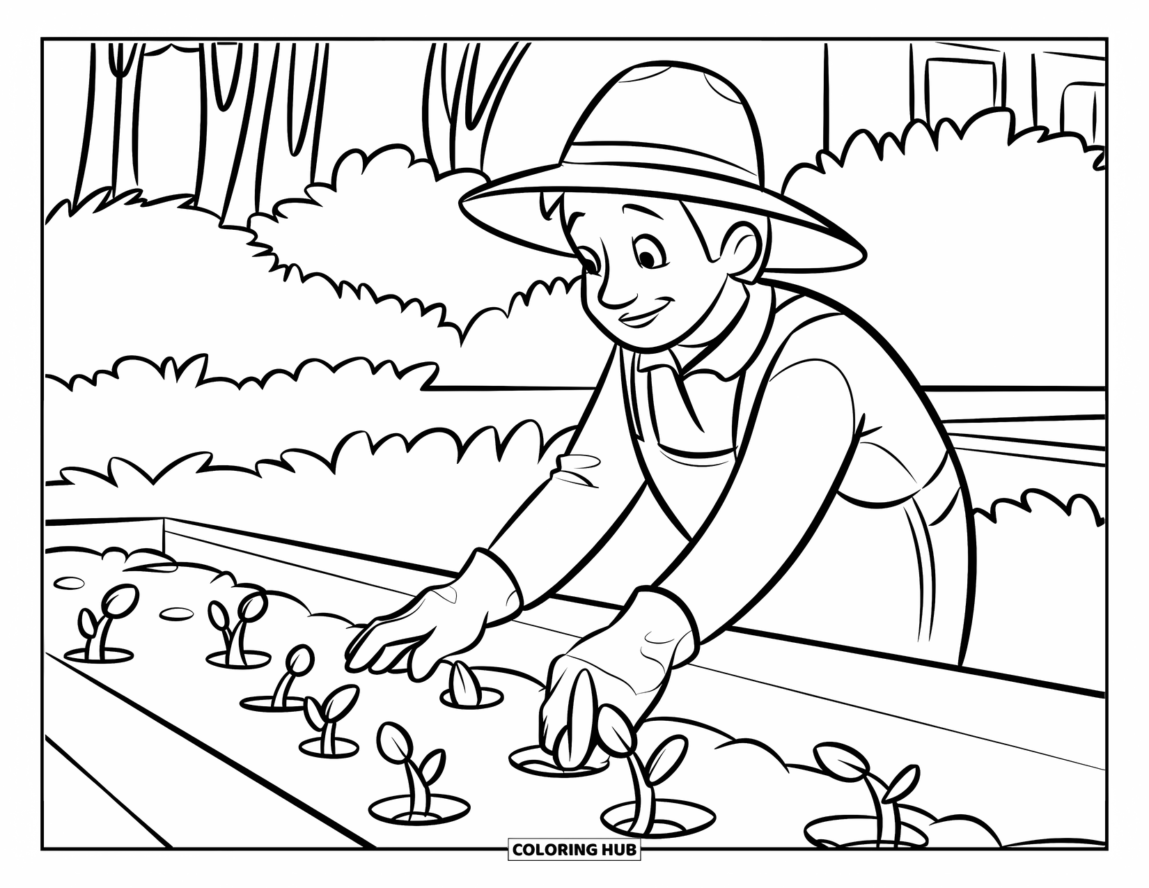 Farmer Coloring Page for Kids: A farmer planting seeds in soil near a farmhouse