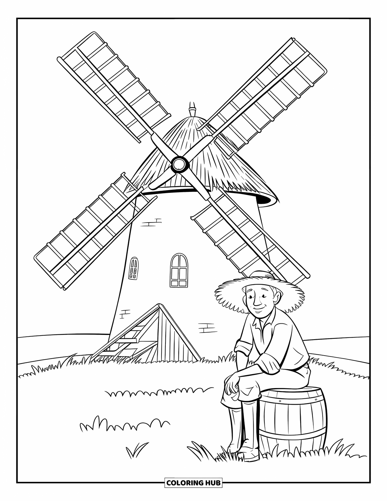 Farmer Coloring Page for Kids: A farmer sitting under a windmill with a thatched roof