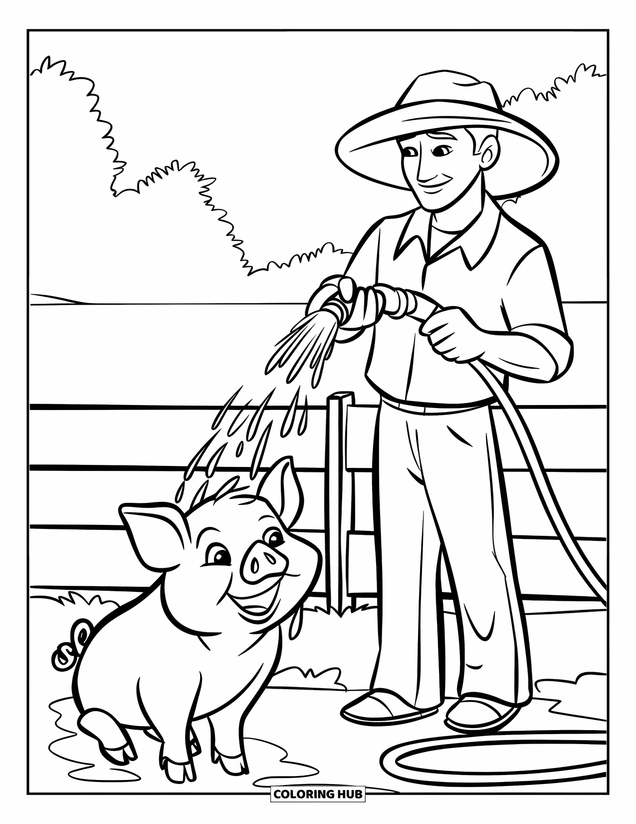 Farmer Coloring Page for Kids: A farmer spraying water on a pig near a fence