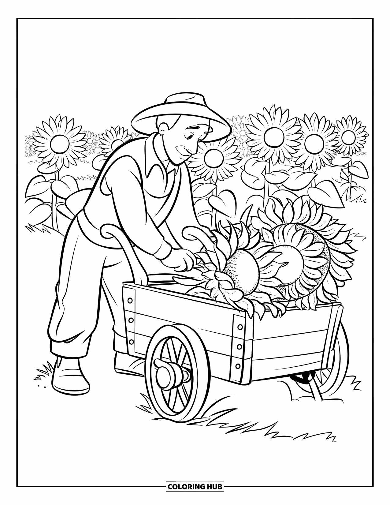 Farmer Coloring Page for Kids: A farmer stacking sunflowers into a wooden cart