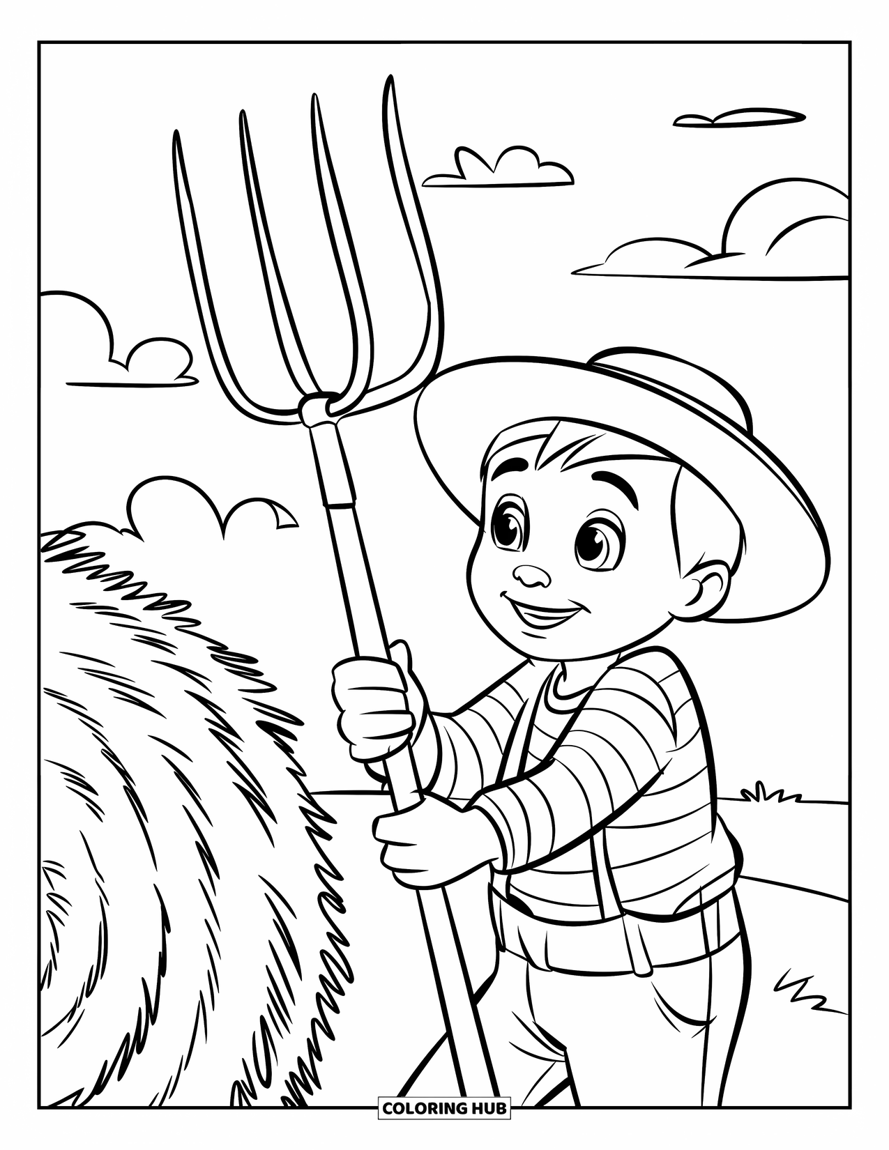 Farmer Coloring Page for Kids: A farmer with a pitchfork standing by a hay bale