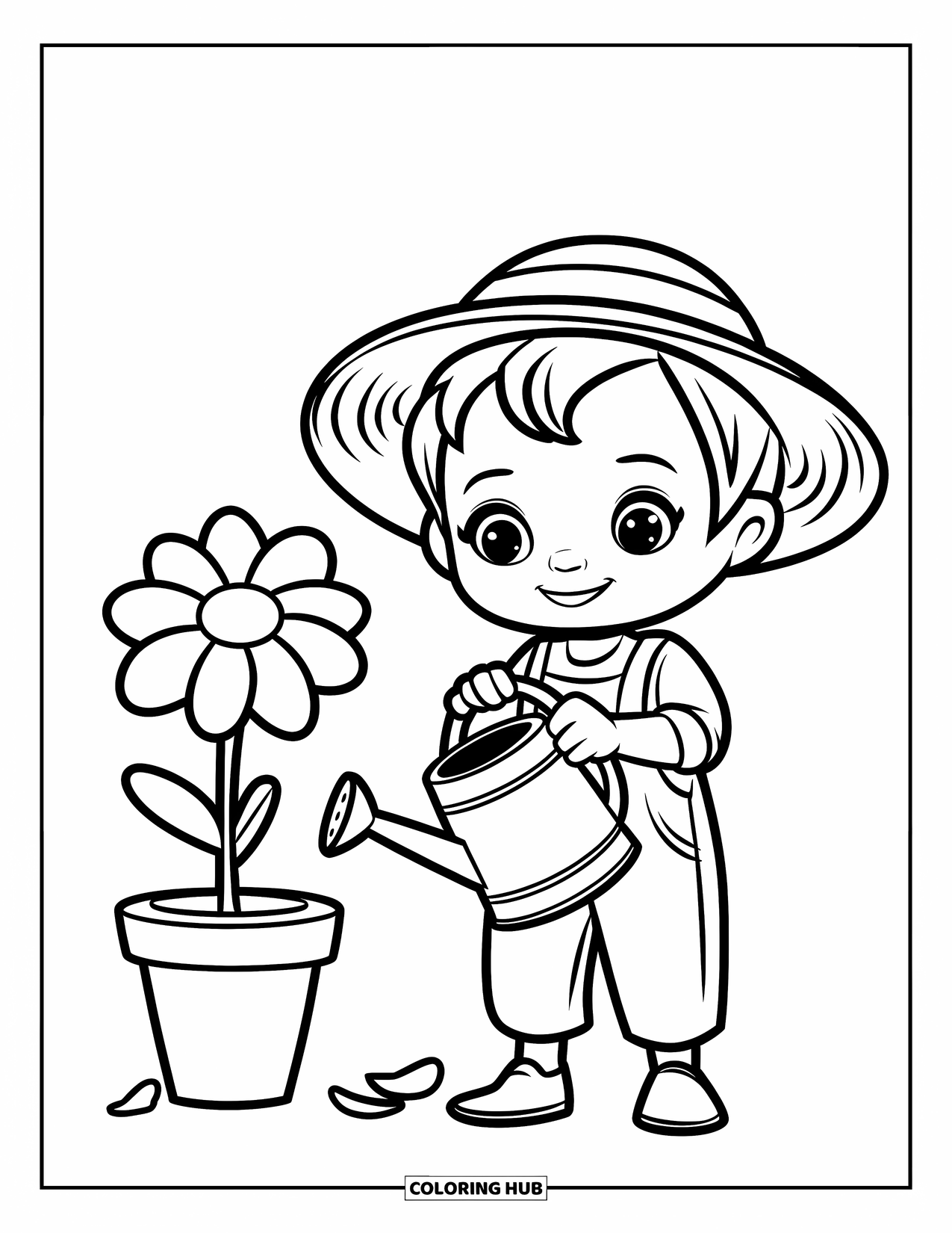 Farmer Coloring Page for Kids: A farmer with overalls watering a flower in a pot