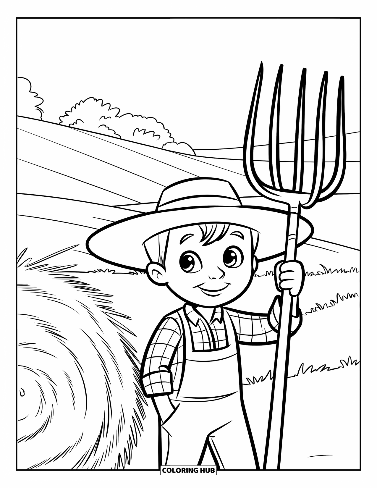 Farmer Coloring Page for Kids: A happy farmer holding a pitchfork beside a hay bale