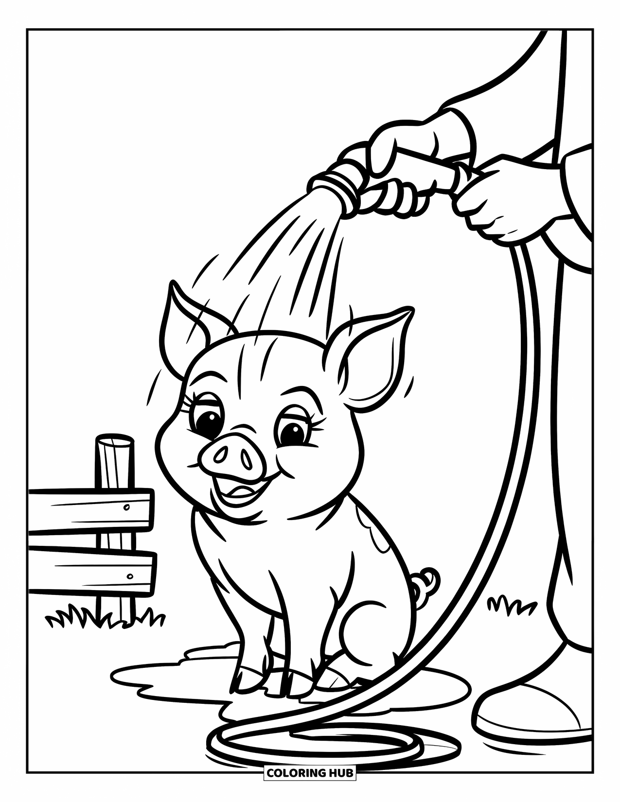 Farmer Coloring Page for Kids: A pig near a fence being showered by a farmer