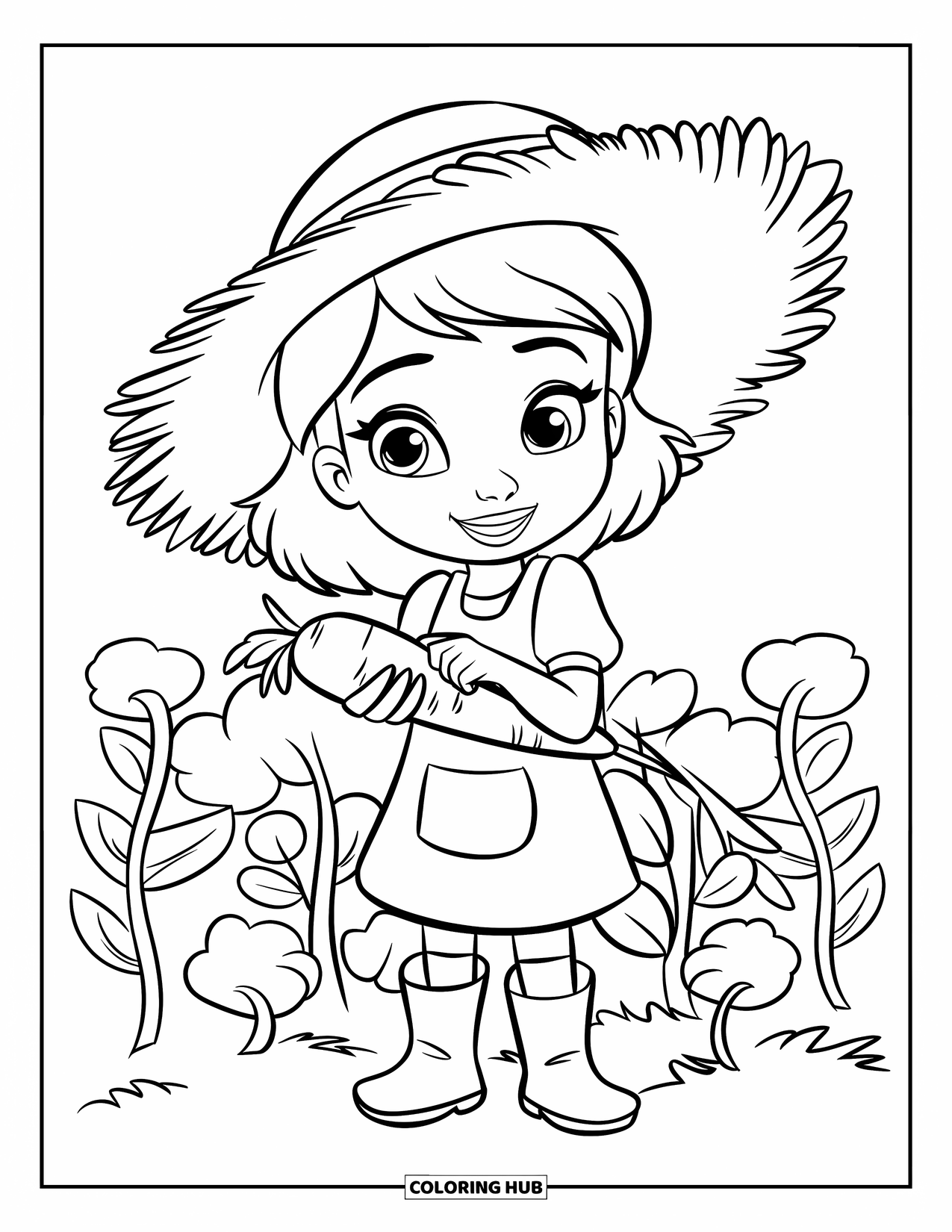 Farmer Coloring Page for Kids: A smiling farmer girl holding a carrot in a field