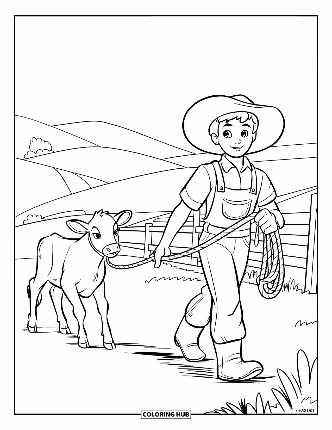 Farmer Coloring Page for Kids: A teenage farmer leading a calf past a fence