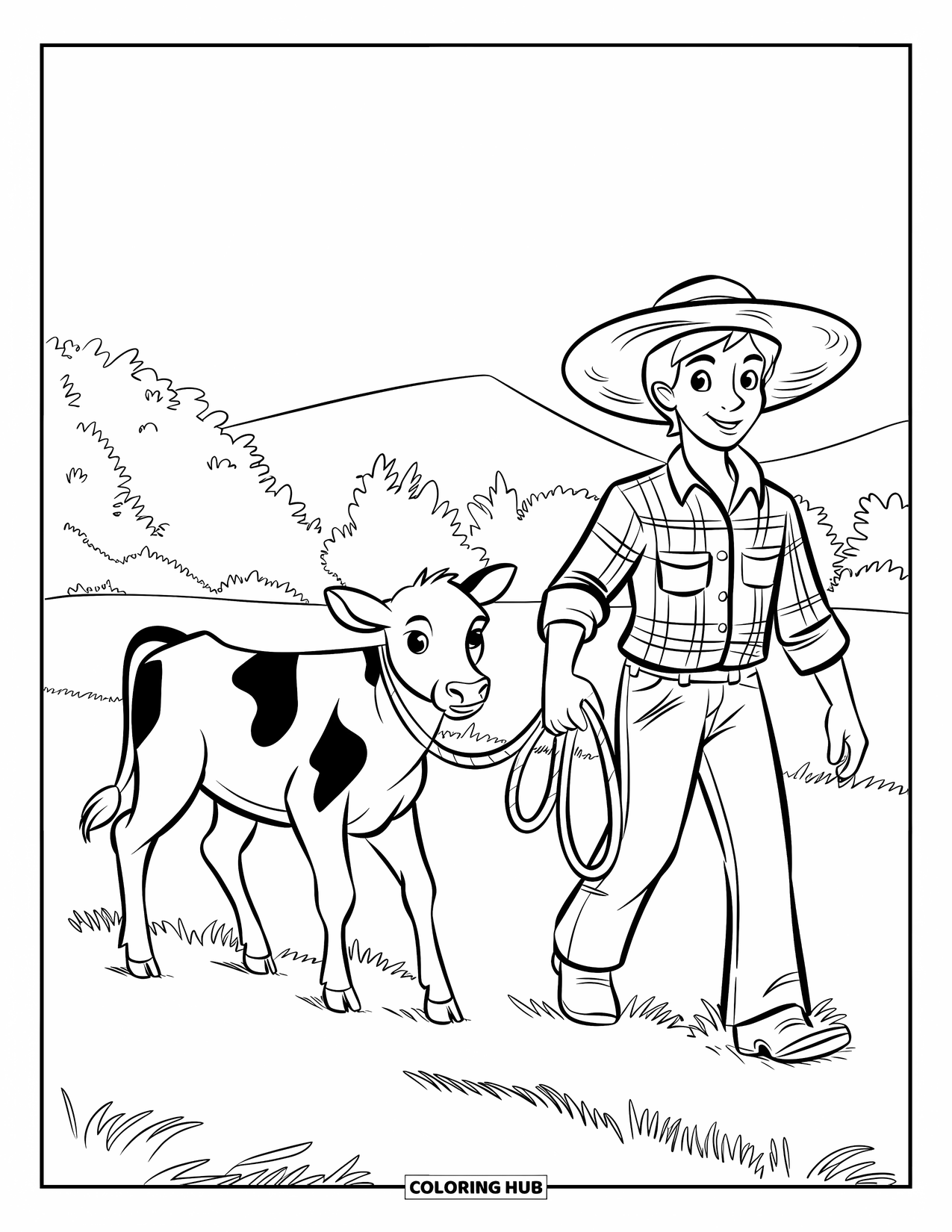 Farmer Coloring Page for Kids: A teenage farmer walking a calf through a grassy field