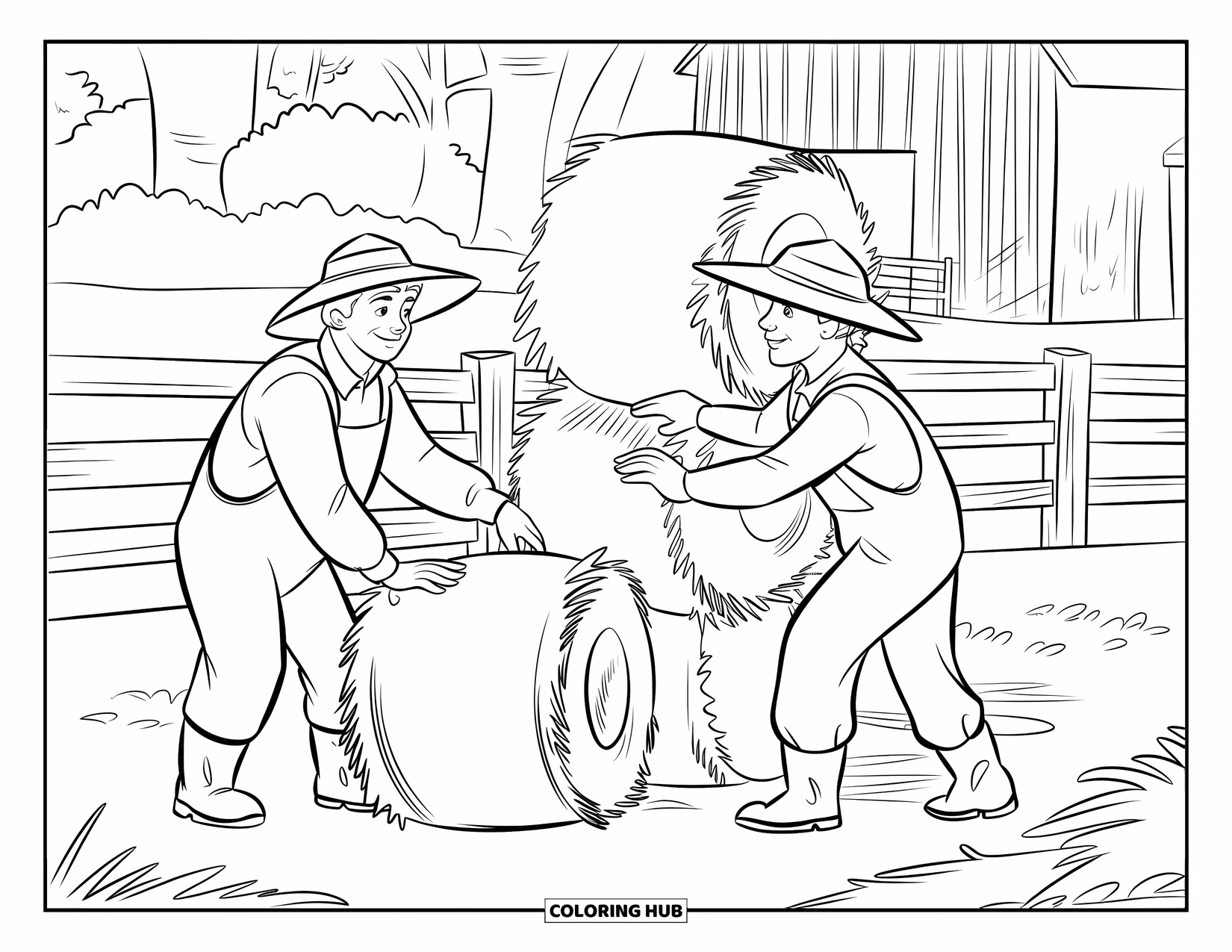 Farmer Coloring Page for Kids: Two farmers stacking hay bales beside a barn and trees