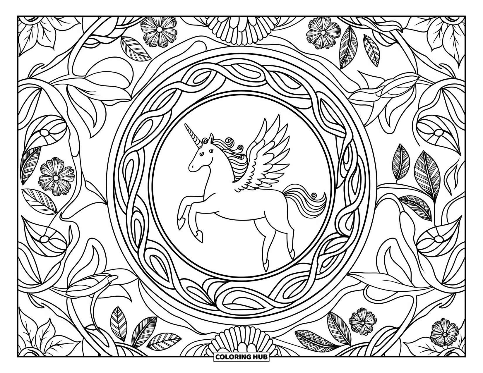 Flying Unicorn Coloring Page for Adults: Flying unicorn framed by a botanical mandala with vines and flowers