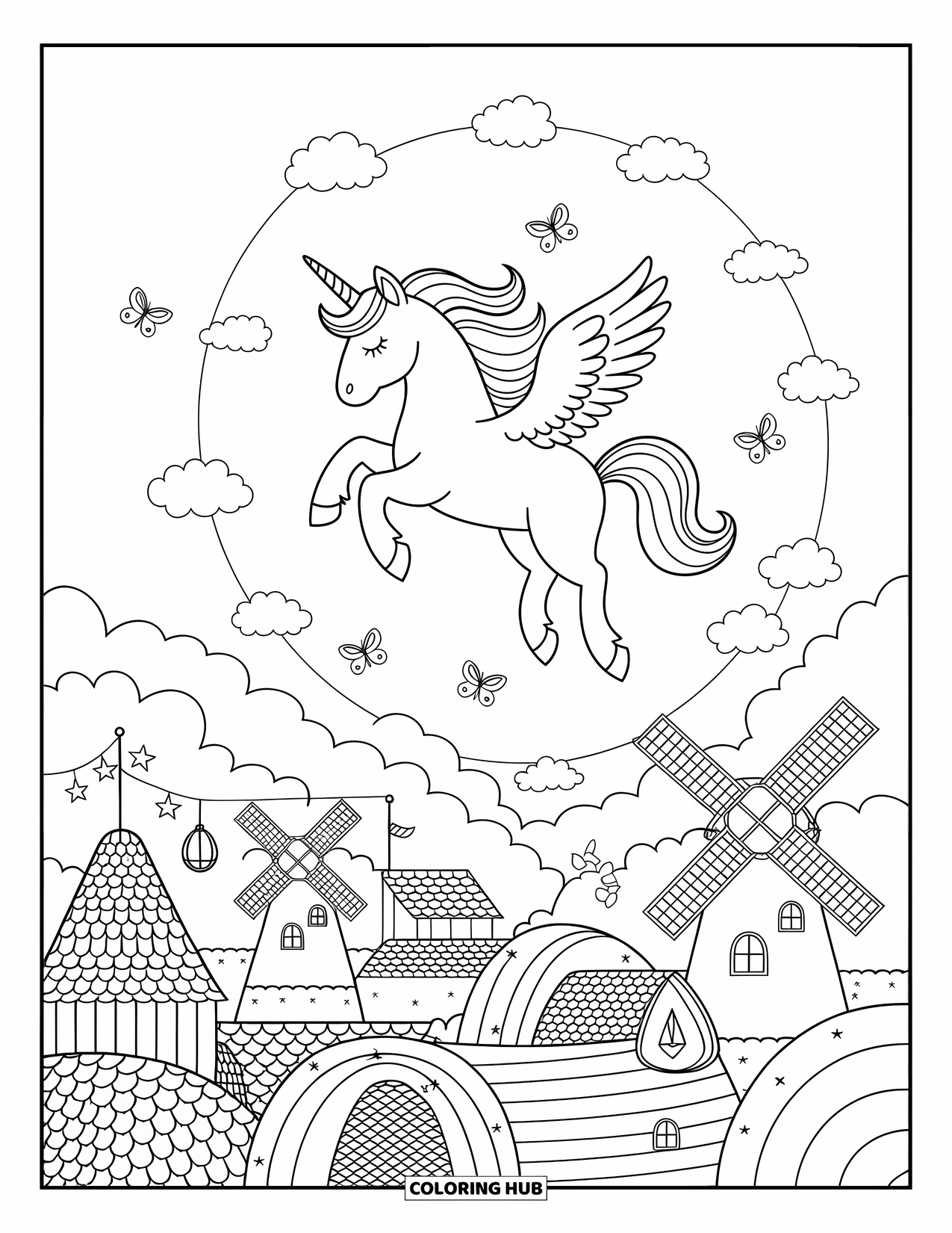 Flying Unicorn Coloring Page for Adults: Flying unicorn gliding gracefully above a peaceful little village