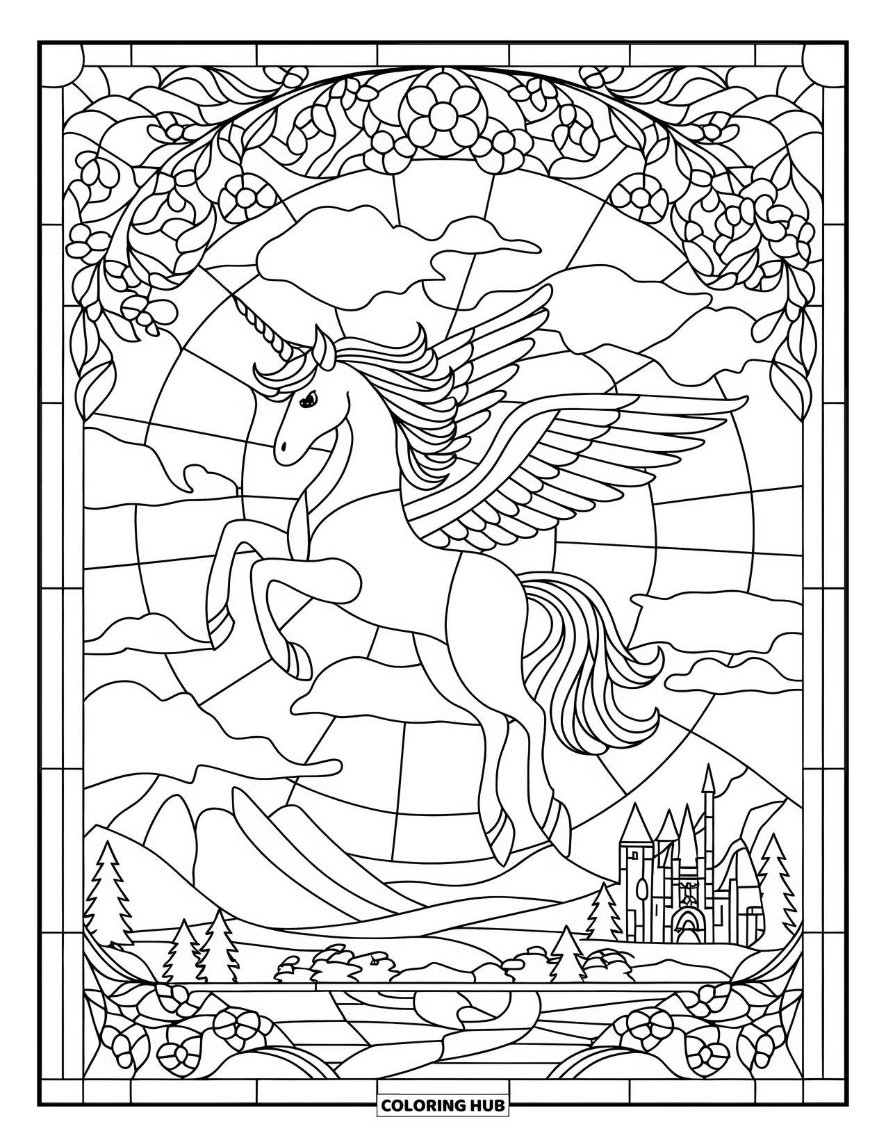 Flying Unicorn Coloring Page for Adults: Flying unicorn in stained glass skies above mountains and trees
