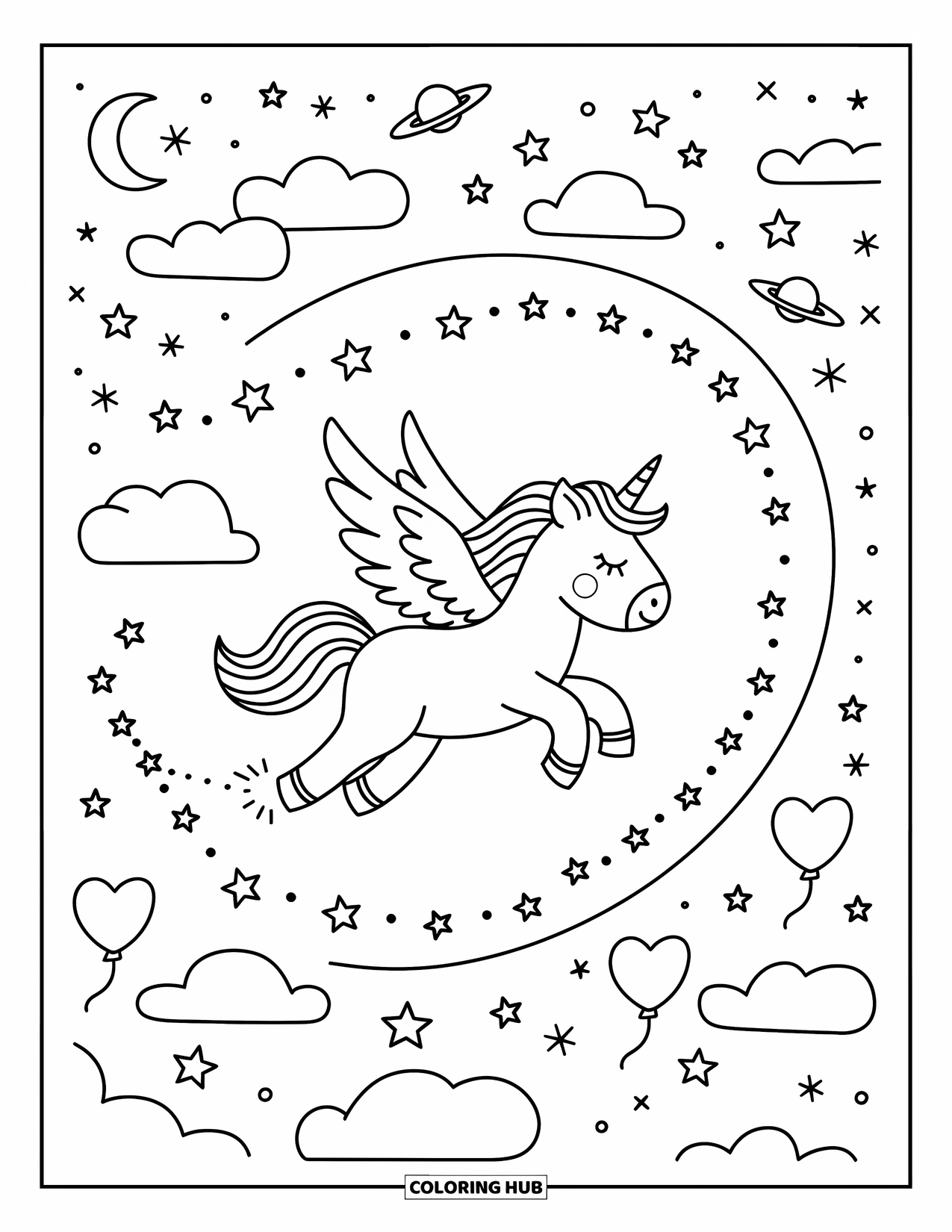 Flying Unicorn Coloring Page for Adults: Flying unicorn soaring past moons, planets, and shooting stars
