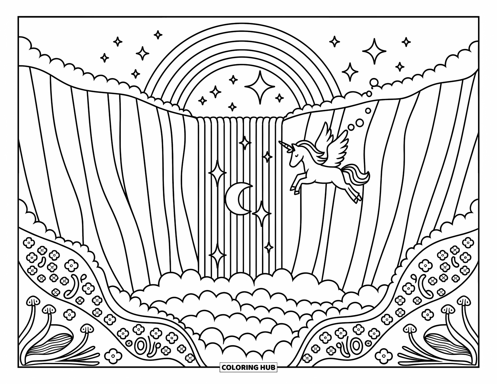 Flying Unicorn Coloring Page for Adults: Unicorn flying past a cliff waterfall with stars, moon, and rainbow
